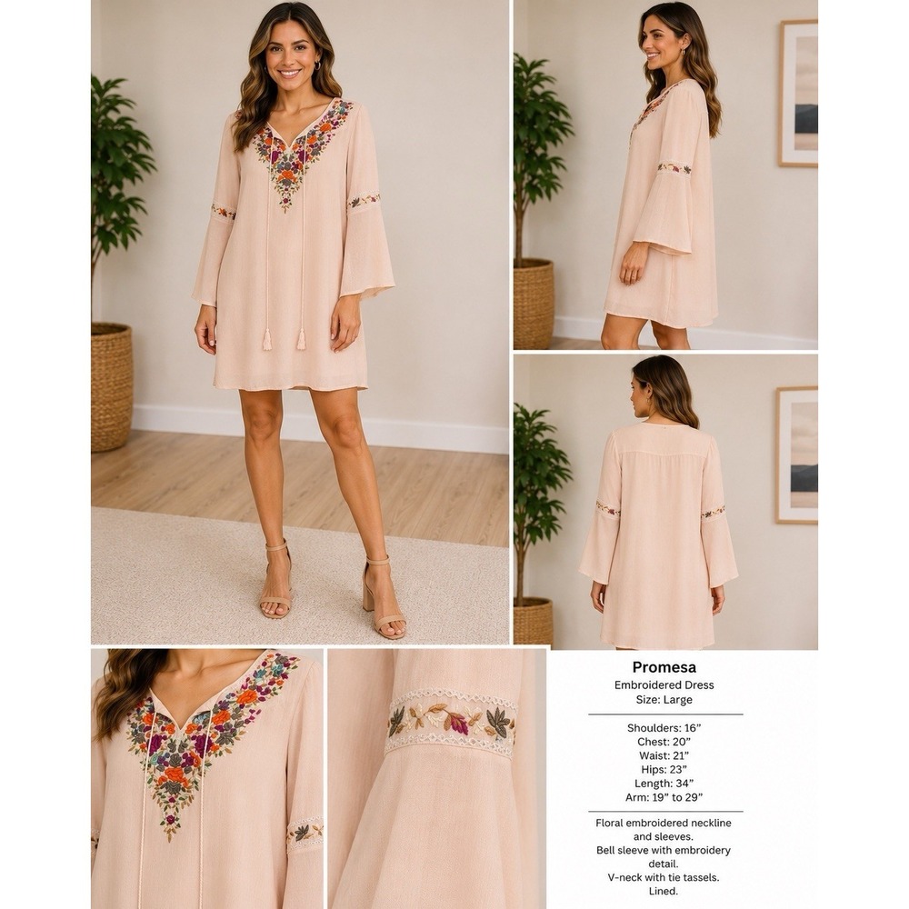 Promesa Whimsy Goth Boho Dress Pink Rayon Embroidered Bell Sleeve L Tunic Shift